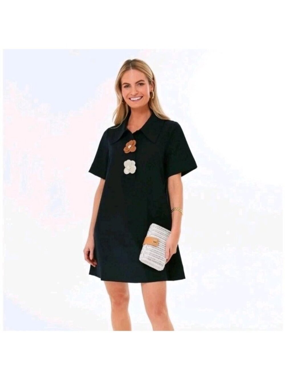 Tuckernuck Black Scout Dress Short Sleeve Collar Mini Shift Dress Floral Accent